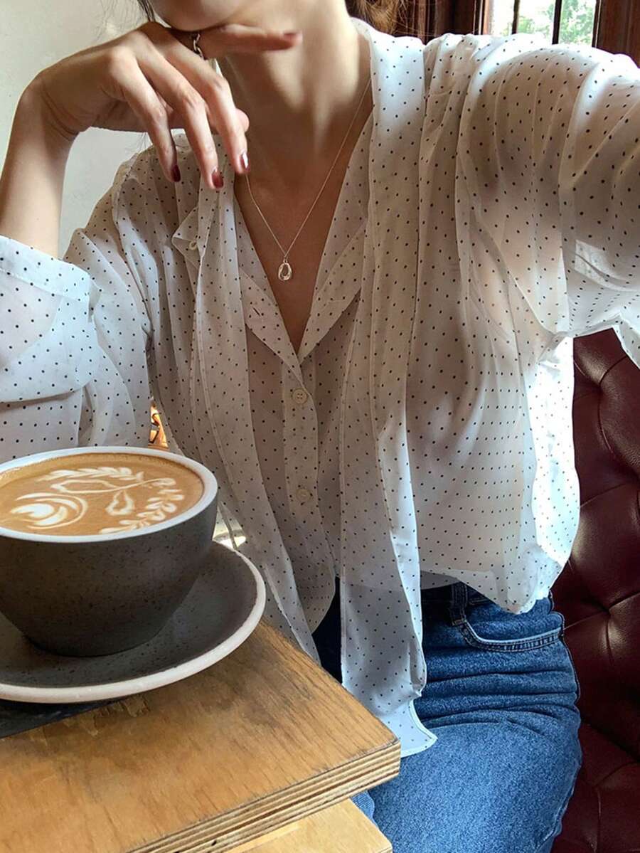 DAZY Áo kiểu nữ dáng rộng, cổ buộc dây, phối màu chấm bi, tay dài, thích hợp cho mùa hè. - trắng - Xem 1