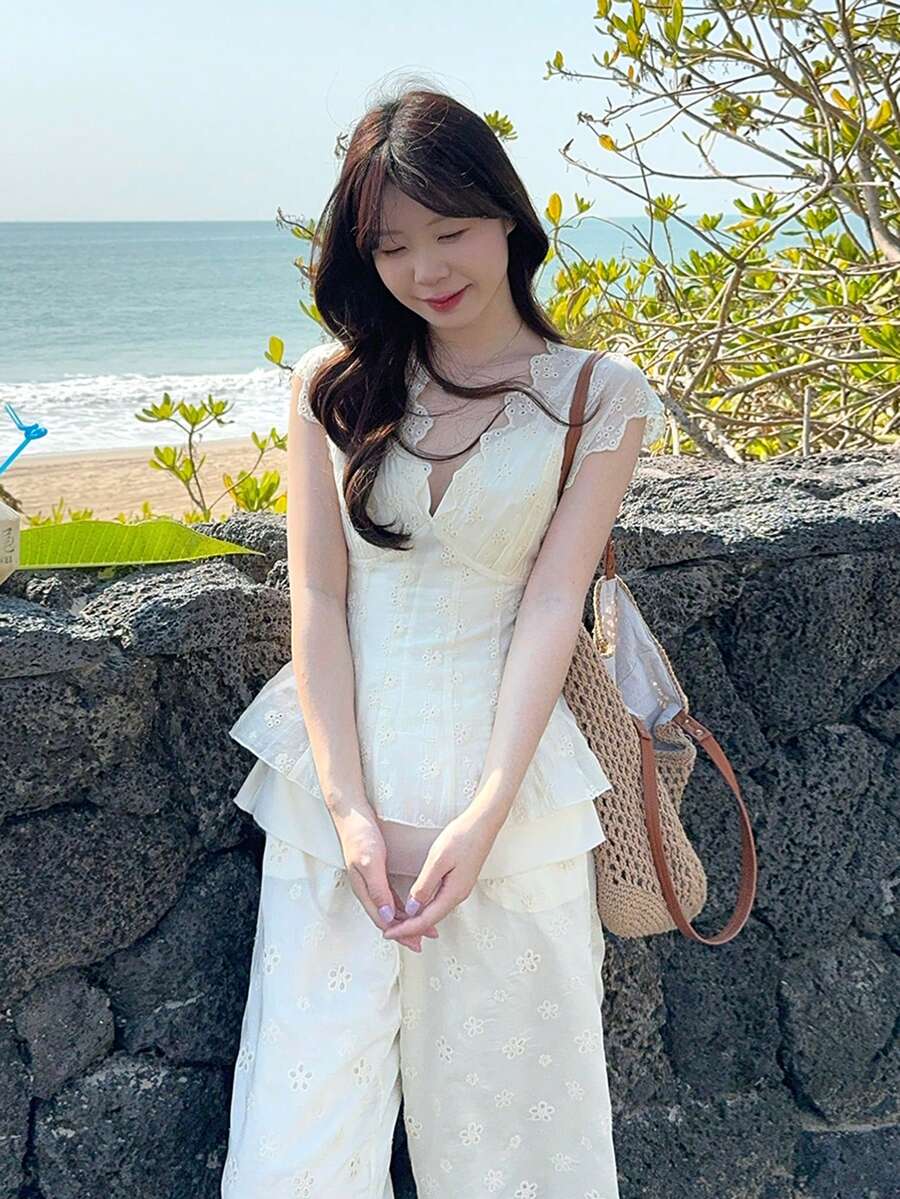 DAZY Women's French Retro Hollow Out Embroidery Design Lightweight Chiffon Blouse And High Waist Pants 2 Pieces Set - Apricot - View 1