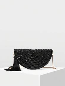 MOTF HANDMADE BEADED EVENING BAG, BLACK TASSEL CLUTCH, ELEGANT CHAIN SHOULDER CROSSBODY BAG - Black - View 3