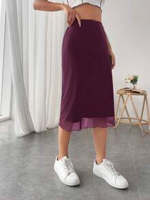 SHEIN Essnce Chân váy dài ngang gối màu trơn, kiểu dáng thường ngày, thích hợp cho mùa hè. - Màu đỏ tím - Xem 5