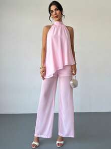 Firerie 女士优雅休闲通勤办公粉色雪纺飘逸无袖露背系带宽松不对称下摆上衣和宽松直筒裤套装，春夏新款女士套装 - 粉色 - 查看 8
