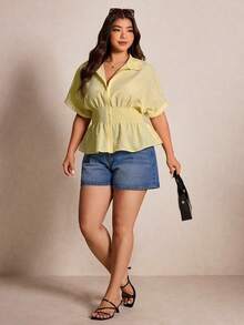 Elaquor 大码女式纯色蝙蝠袖短袖收腰单排扣休闲衬衫 大码黄色上衣 大码夏季上衣 大码纽扣衬衫 夏季女式衬衫 大码短袖衬衫 春夏休闲度假衬衫 - 淡黃色 - 查看 6