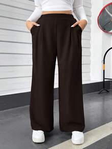 Auralis 大码女装秋冬休闲舒适宽松弹力腰灰色基础款阔腿裤，秋季女装，返校节，复古风，外出下装，曲线裤，女装搭配，秋季裤装 - 巧克力棕 - 查看 6