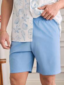 SWAVVY Men's Fashionable Printed Short Sleeve Shirt Set, Spring/Summer - Blue - View 6