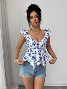 Rafferiza 女士时尚优雅小碎花印花短袖不对称下摆度假T恤，春秋季 - 藍色 - 查看 6