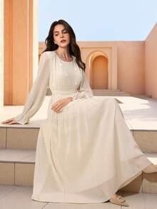 Graceveil Đầm dài tay màu trơn, cổ tròn, eo thon, dáng ôm, thanh lịch dành cho nữ. - Màu be - Xem 7