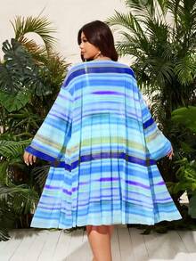 Slaydiva Plus Size Women 2-Piece Set,Blue Summer Boho Beach Holiday Striped Print Mesh Sheer One Piece Swimsuit With Metal Accessory High Collar Slim Fit - Blue - View 2