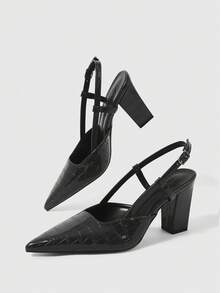 Sleekvia 女鞋尖头粗跟黑色压纹后跟带露跟高跟鞋简约优雅时尚百搭舒适通勤女鞋 - 黑色 - 查看 1