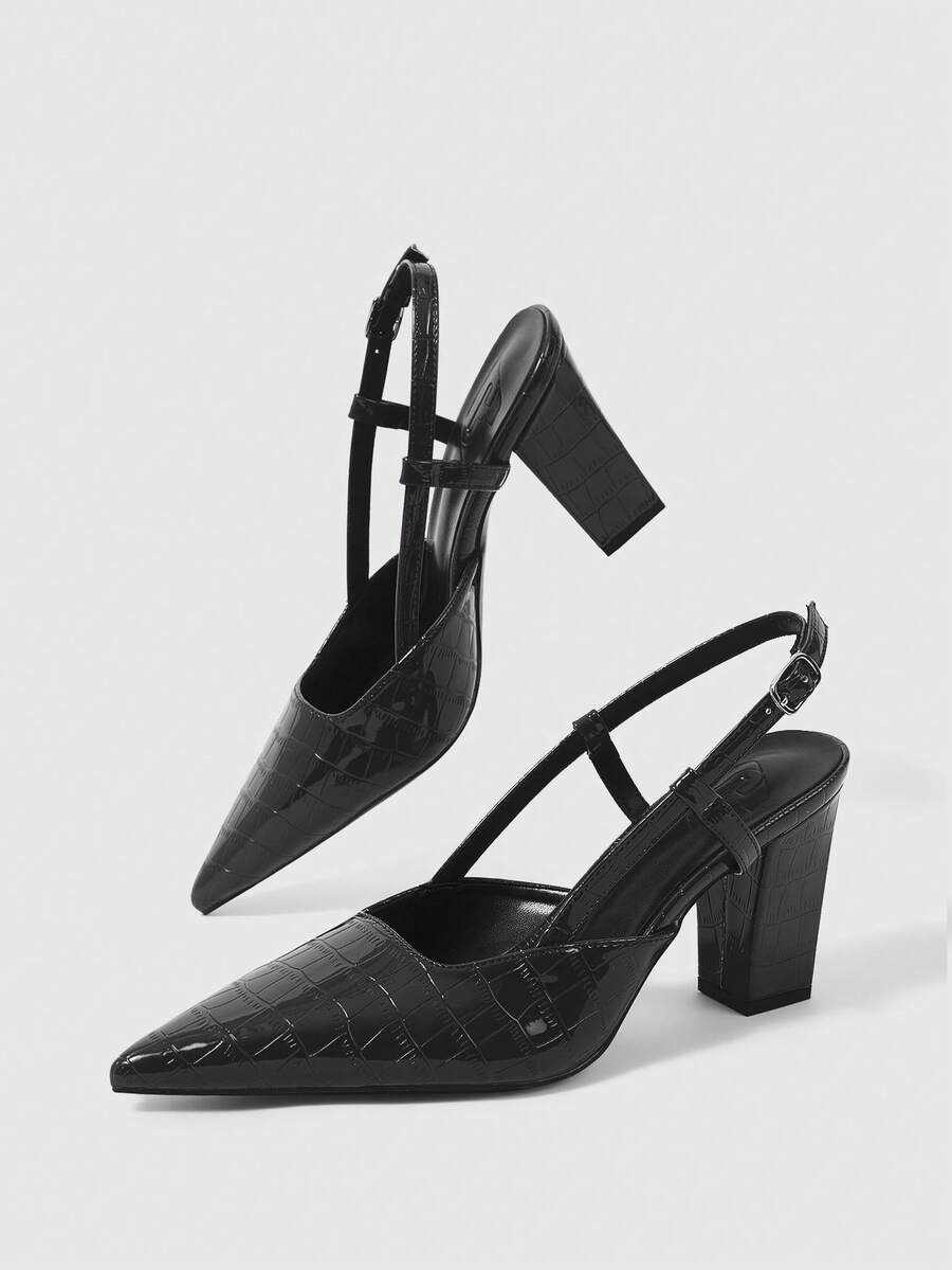 Sleekvia 女鞋尖头粗跟黑色压纹后跟带露跟高跟鞋简约优雅时尚百搭舒适通勤女鞋 - 黑色 - 查看 1