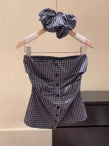 Franclia 女士休闲格子单排扣褶裥抹胸上衣 - 藍色 - 查看 3