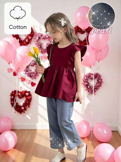 SHEIN Genkimix Kids Fashionable Young Girls Burgundy Flounce Sleeve Everyday Top With Round Neck Matched With Stylish Pearl Embellished Denim Pants For Casual Wear