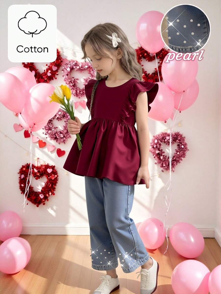 SHEIN Genkimix Kids Bộ 2 món gồm áo không tay bèo nhún đơn giản dễ thương cho bé gái và quần jean đính đinh tán thời trang. - Màu Đỏ Sâu - Xem 1