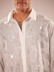 FeverCity Men's Shiny Floral Pattern Lapel Button-Up Shirt - White - View 3