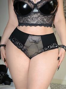 SHEIN Plus Size Women Milk Silk & Contrast Lace Fashion Panties - Black - View 3