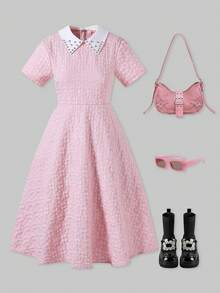 SHEIN ChillGRL Diamond Collar, Jacquard Textured Fabric, French Style, A-Line Maxi Skirt, Elegant High Waist Snug Fit, Fashionable & Graceful For Teenage Girls In Summer - Pink - View 4