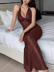 DAZY 女款透視銀色金屬感混紡網紗深V露背性感睡裙內衣睡衣 - 酒紅色 - 查看 2