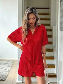 Easowa Red Knitted Jacquard Polo Collar Romper For Women, Loose & Comfortable Short Sleeve Cropped Jumpsuit, Suitable For Valentine's Day, Casual, Leisure, And Office Wear Chic Red Textured Knit Romper For Women Short Sleeve Button Front Polo Jumpsuit Summer Fashion Summer Outfits  Spring Outfit Women  Valentine Outfits For Women - Red - View 4