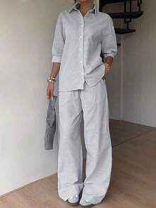 SHEIN EZwear 女士休闲度假通勤条纹印花宽松上衣和阔腿裤套装，春夏秋季 - 黑與白 - 查看 3