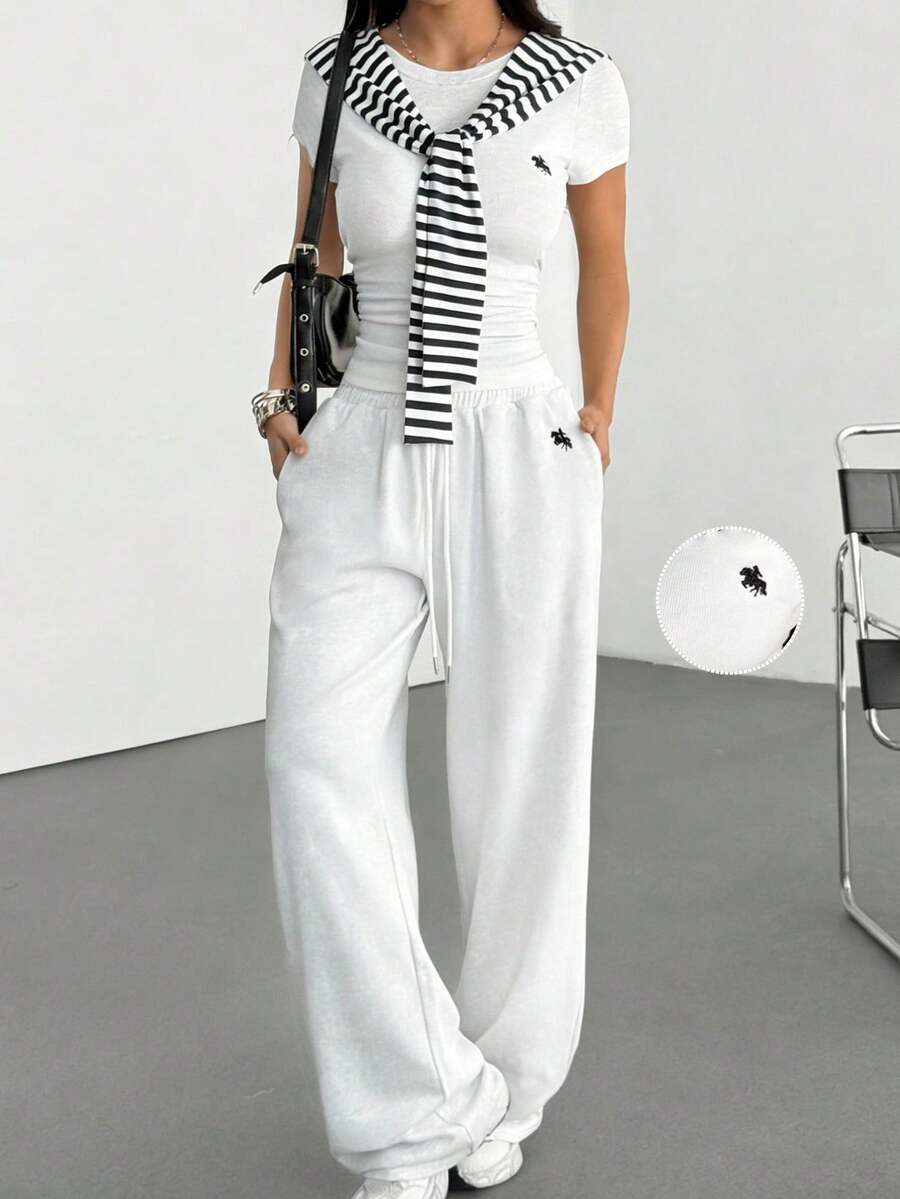 SHEIN EZwear Summer Women's Striped Sailor Collar Embroidered Graphic Short Sleeve Top And Drawstring Waist Wide Leg Pants Casual Outfit Summer Pants Sets - White - View 1