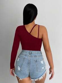 BamGleam Áo kiểu nữ thời trang, gợi cảm, màu trơn, bất đối xứng, khoét lỗ - Đỏ - Xem 2