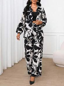 SHEIN Lady 2pcs Women Casual All-Over Print Long Sleeve Shirt And Pants Set - Black and White - View 5