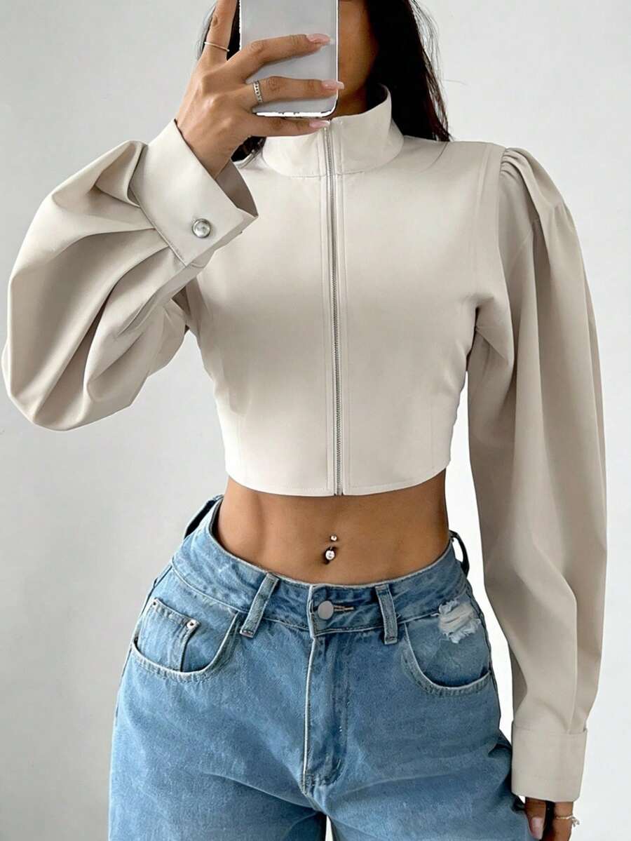 SHEIN EZwear 女士休闲纯色风衣 - 杏色 - 查看 1