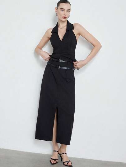 Aveloria Modichic Summer Suitable For Business Meetings, Office, Formal Occasions, Smart Matching, French Minimalist Chic Style Black Minimalist Sleeveless Collared Vest + High-Waisted Slit Skirt 2-Piece Set, Fitted Slimming Commuter Outfit With Belt Design, Suitable For Workday And Casual Outings