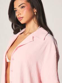 MISSGUIDED 宽松款纽扣沙滩罩衫，系带腰身，亚麻质感，短袖，夏季度假泳池叠穿上衣 - 粉色 - 查看 5