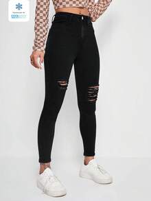SHEIN ICON 高腰做旧纯色休闲时尚百搭牛仔裤 - 黑色 - 查看 3