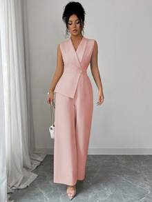 Elenzga 杏色纯色V领西装外套，领口系带设计，优雅职业装，适合工作、会议、教师、学校、情人节、劳动节、复活节、旅行、休闲街头风、春夏连体裤 - 粉色 - 查看 6