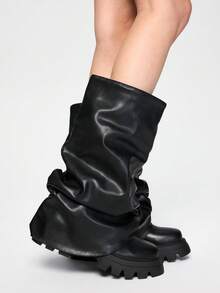 ROMWE Goth New Round Toe Platform, Silver Pleated, Slip-On, Fashion Show, Women Ankle Boots, Hiking Boots - Black - View 5