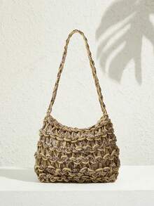 SHECARRY Ladies, Women Shoulder Bag, Hobo Bag, Fashionable, Elegant, Simple, Personalized, Versatile, Classic, Crochet Bag, Orange And Gold, Hollow, For Beach, Vacation, Holiday, Summer, Seaside - Khaki - View 2