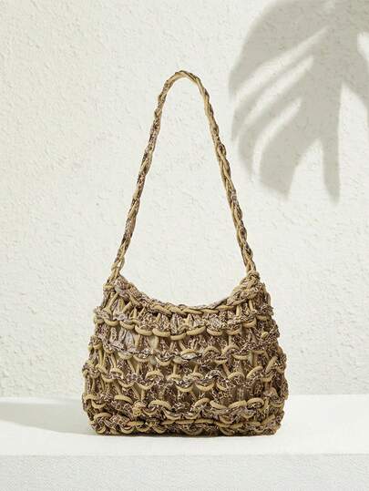 SHECARRY Ladies, Women Shoulder Bag, Hobo Bag, Fashionable, Elegant, Simple, Personalized, Versatile, Classic, Crochet Bag, Orange And Gold, Hollow, For Beach, Vacation, Holiday, Summer, Seaside