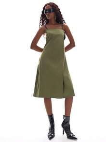 Military Green Contrast Color Double Buckle Design Basic Minimalist Casual Punk Chic Women Sleeveless Dress - Green - View 3