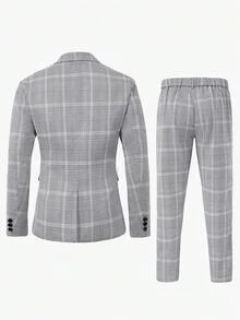 Manfinity Bizformal Men's Plaid Long Sleeve Suit Jacket And Pants Set Men Plaid Suit Mens 2 Piece Set Lapel Men 2 Piece Suit Men Suit Men Dressy Set  Old Money,Daily Leisure, Weekend Trips, Outdoor Activities, Travel Expeditions, Relaxed Work Environments Or Semi-Formal Occasions, Boyfriend/Husband Gift, Anniversary /Birthday Gift Party Summer Vacation Holiday New Years Wedding Valentine's Day - Black and White - View 2