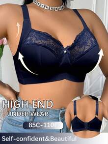 DesireSculpt 1pc Plus Size Lace Patchwork Wireless Bra - Navy Blue - View 5