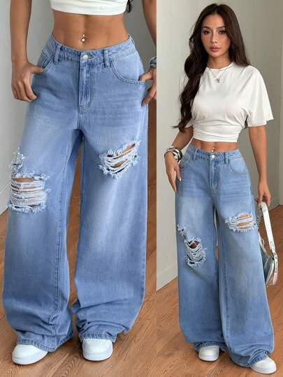 SHEIN Tall 夏季高个女式休闲夏季度假装扮 纯色休闲破洞直筒牛仔裤