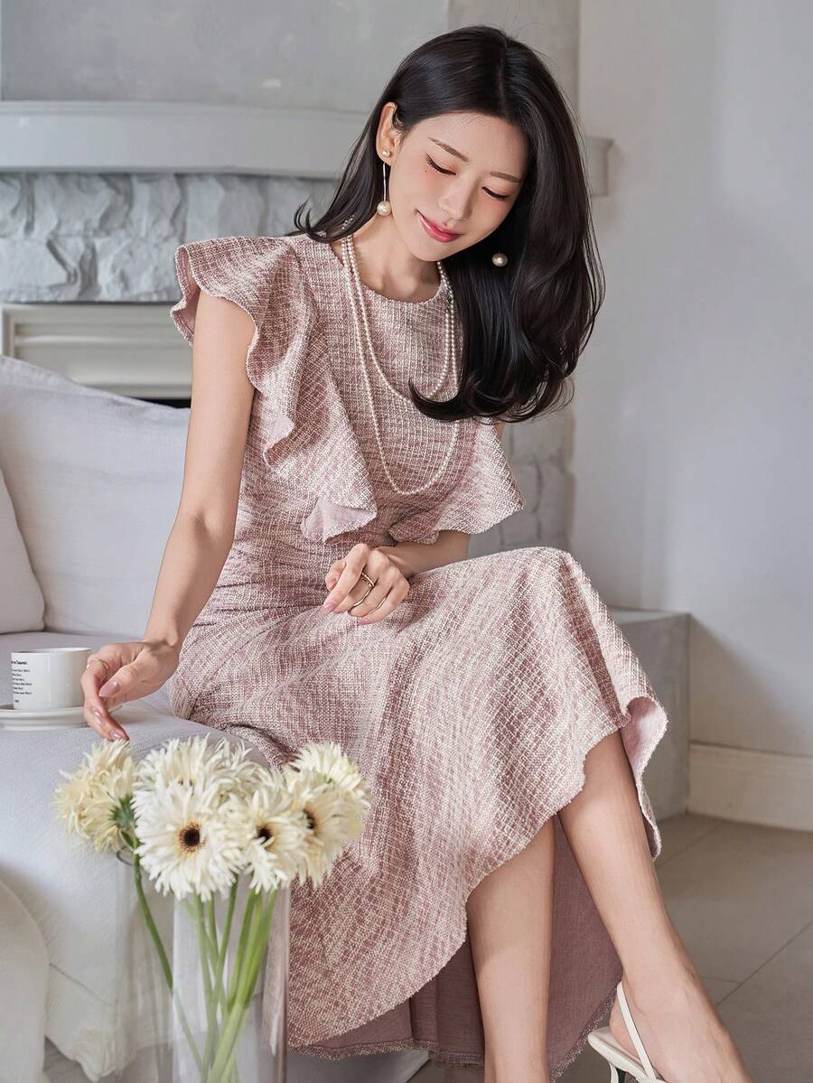 DAZY Women's Elegant Textured Ruffle Hem Round Neck Mid-Length Dress, Summer Wedding Guest Dress - Pink - View 1