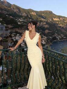 SHEIN MOD Women's Elegant Pale Yellow Chiffon Ruffle V Neck Sleeveless Fitted Ruched Mermaid Maxi Dress - Pale Yellow - View 1