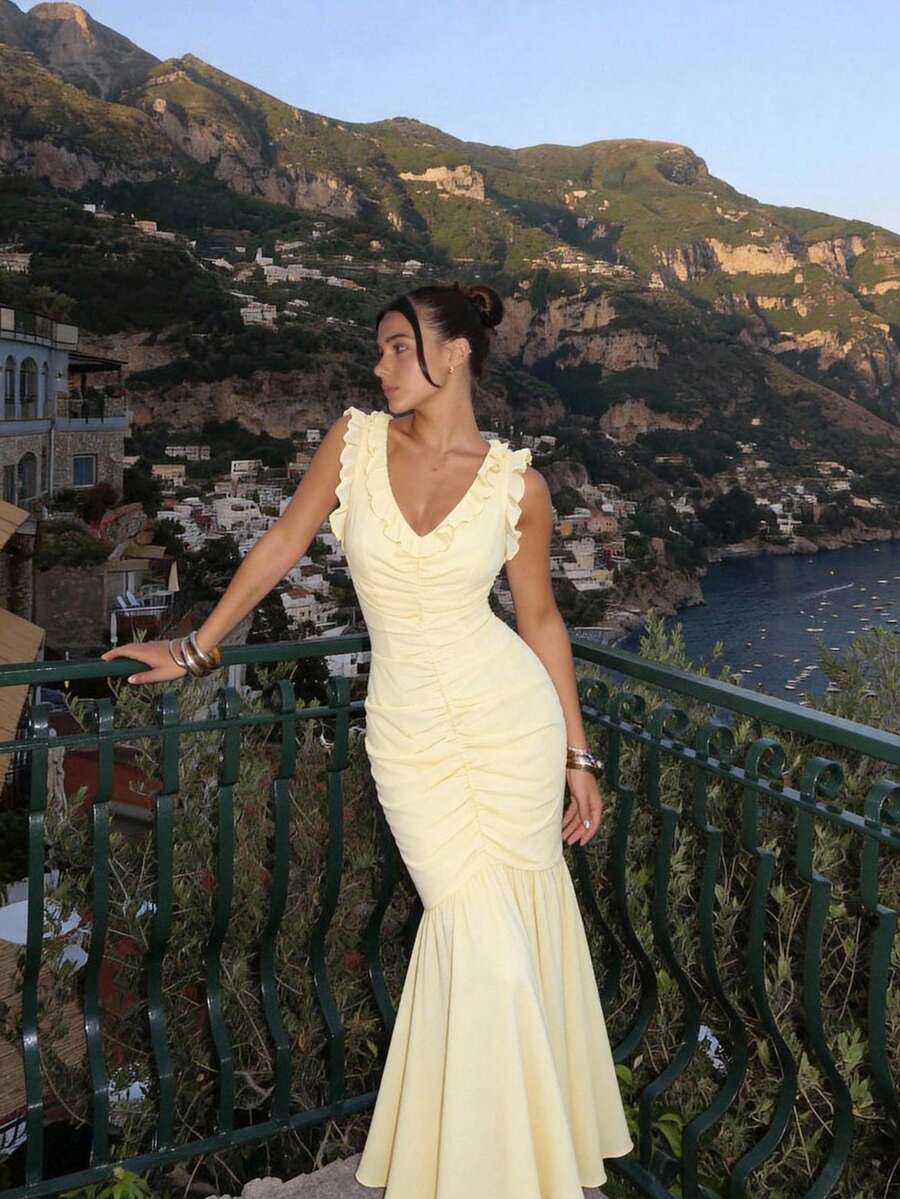 SHEIN MOD Women's Elegant Pale Yellow Chiffon Ruffle V Neck Sleeveless Fitted Ruched Mermaid Maxi Dress - Pale Yellow - View 1