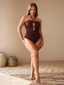 Swim Chiccia Plus Size Women's Solid Color One-Piece Halter Neck Tie Front Hollow Out Sexy Slimming Swimsuit - Brown - View 6