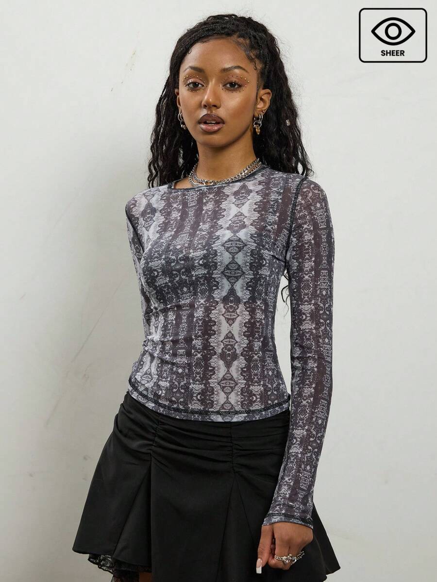 COUREZ Long Sleeve Fitted Semi Sheer Mesh Top In All Over Print /Y2K Fall Winter Going Out Tops Going Out Party Party Top New Year Sexy - Dark Grey - View 1