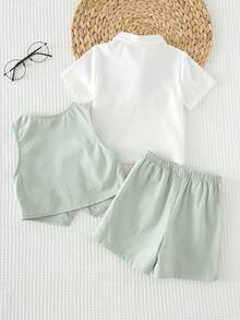 Cozy Pixies 三件套男/女婴绅士西装套装：白色短袖衬衫、绿色马甲和短裤，优雅的生日派对、洗礼、周岁生日、婚礼、花童、戒指童装扮。 - 綠色 - 查看 2