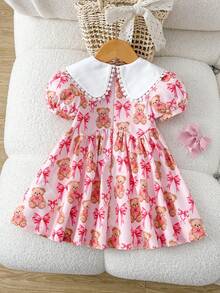 Cozy Pixies Robe à manches courtes avec col, taille nouée, imprimé floral pour bébé fille - Rose bonbon - Voir 2