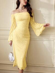 Vintamour 复古优雅女士针织提花蕾丝花朵网纱露肩修身连衣裙，适合假日派对、休闲夏季穿着，也可作为度假服装。白色连衣裙，夏季连衣裙，白色连衣裙，舞会礼服，生日礼服，婚礼宾客礼服，复活节春季连衣裙，夏季服装，春季套装，复活节礼服，生日套装，婚礼礼服，春假礼服 - 鵝黃色 - 查看 5