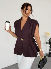 Firerie Plus Women's New Casual And Elegant All-Match Metal Button Linen Brown Thin Suit Jacket/Imitation Linen Suit Jacket/Pleated Tie Top/Business Casual Women/Teacher Wear Women/Retro Clothes Women/Autumn And Winter - Red - View 2