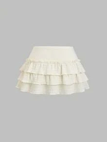 Sweetra 女士休闲度假时尚日常百搭草编珍珠纹理面料多层荷叶边低腰半身裙，春夏款 - 杏色 - 查看 2