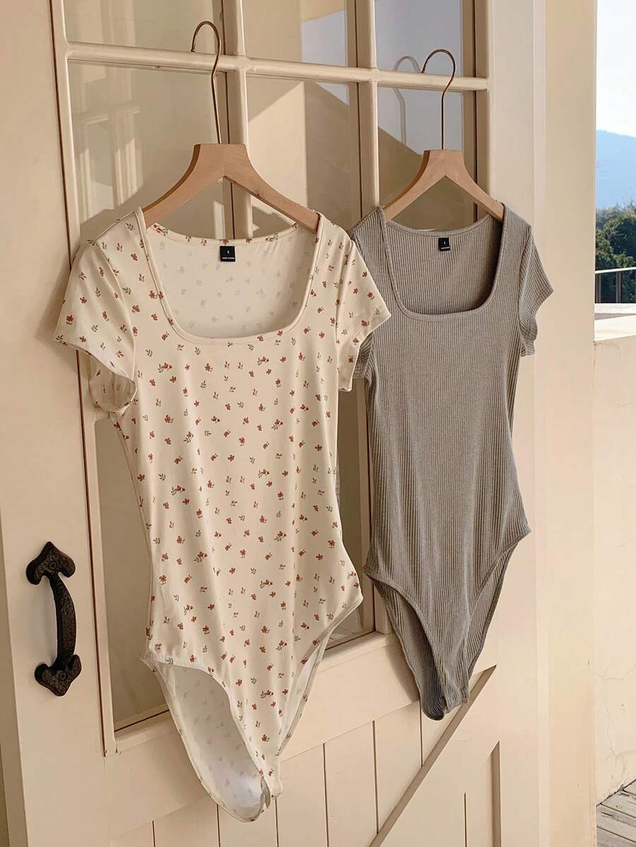 CovetEZ Women's Casual Square Neck Short Sleeve Bodysuit - Multicolor - View 1