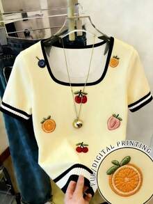 Resyla 女士常规款水果刺绣休闲短袖露脐T恤 - 黃色 - 查看 1