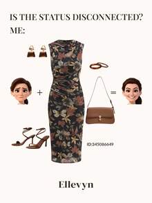 Ellevyn Women's Elegant Maple Leaf & Butterfly Print Ruched Waist Fitted Mid-Length Dress, Suitable For Various Occasions, Graceful Summer Holiday Attire - Multicolor - View 4